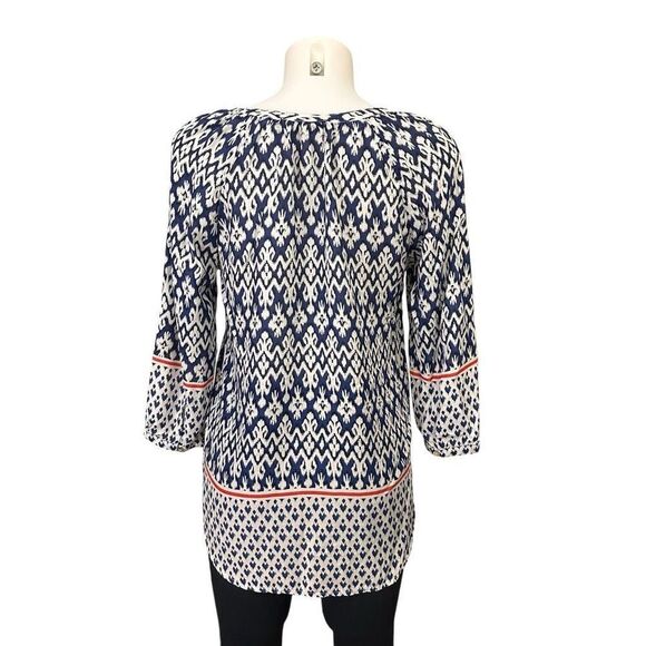 BeachLunchLounge Blue/White Ikat Aztec Print Blouse Peasant XS relaxed Fit - Picture 4 of 7
